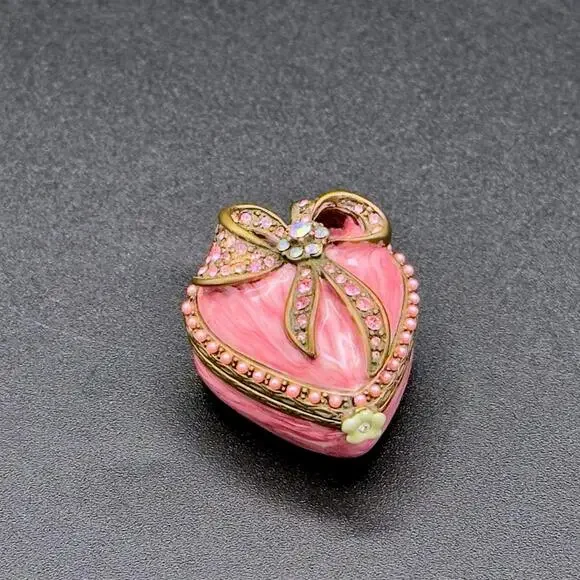 💖Luxury Pink Enamel Heart Trinket Box w/ Rhinestone Bow & Pearls Fabergé Style - Picture 3 of 8